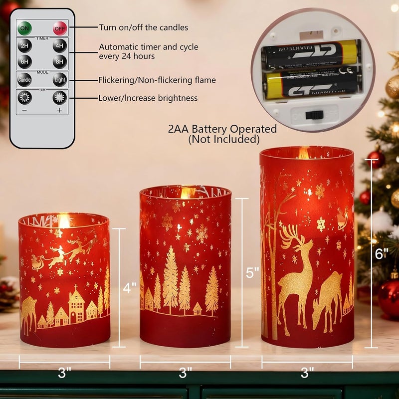 DRomance Christmas Flameless Candles Battery Operated with 10-Key Remote and Timer 3D Wick Flickering Electroplating Glass Reindeer LED Candles Indoor Holiday Decorations(Red, 3" D x 4", 5", 6" H) - Image 2